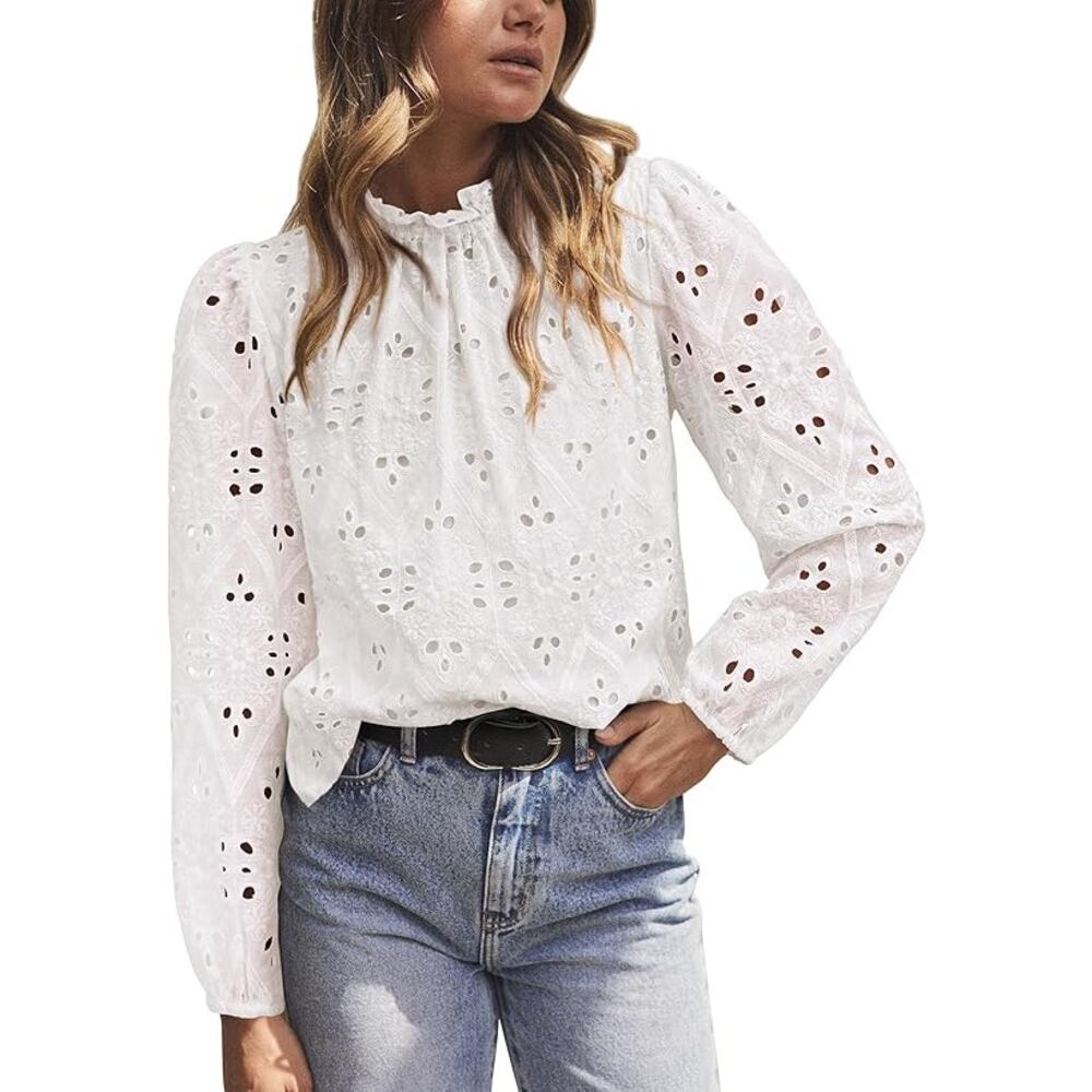 New Medium Long Sleeve, Embroidered Eyelet Dressy Casual Cotton Blouse - Picture 3 of 4